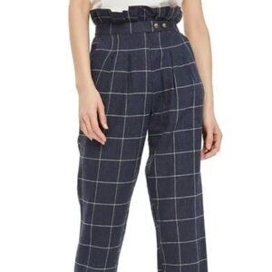 Topshop Windowpane Paper Bag High Rise Linen Blend Trouser Pant Navy Blue, Size